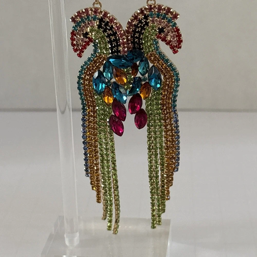 Elegant Multicolor Rhinestone Bird Parrot Dangle Earrings 5 inch Long